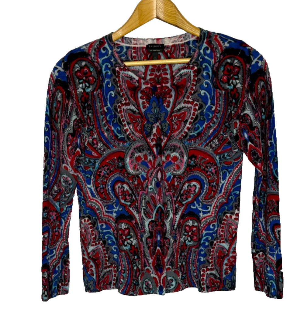 Women's Large Talbots 100% Merino Wool Multicolor Button Front Cardigan